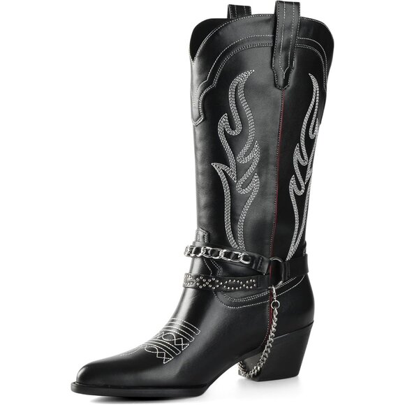 ⚡Women Black Faux Leather Chain Point Toe Chunky Heel Embroidered Pull on Boots - Picture 1 of 7
